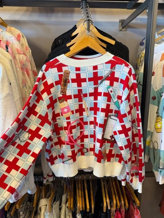 QUEEN OF SPARKLES Red, White & Light Blue Medical Supply Cardigan - Picture 3 of 3